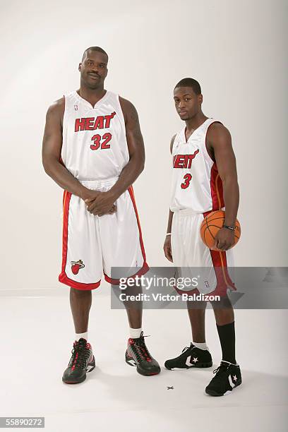 Shaquille O'Neal and Dwyane Wade of the Miami Heat pose for a portrait during NBA Media Day on October 3, 2005 in Miami, Florida. NOTE TO USER: User...