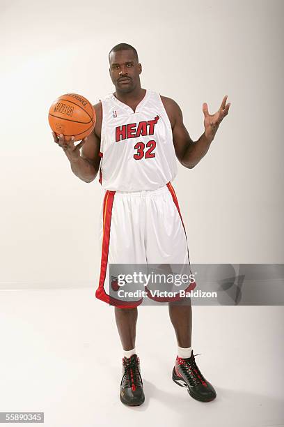 Shaquille O'Neal of the Miami Heat poses for a portrait during NBA Media Day on October 3, 2005 in Miami, Florida. NOTE TO USER: User expressly...