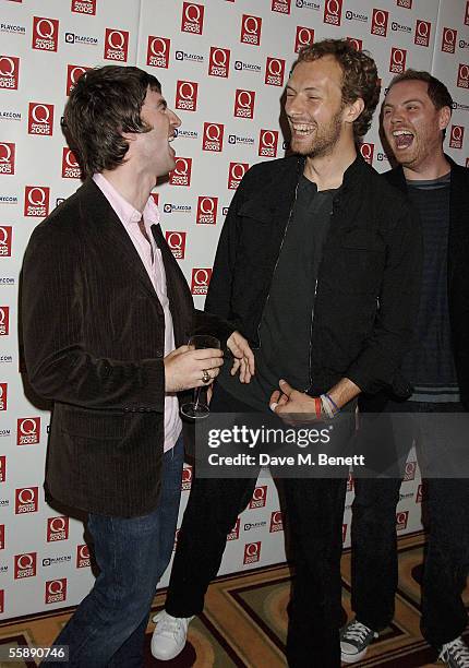 Noel Gallagher, Chris Martin and Jonny Buckland attend The Q Awards, the annual magazine?s music awards, at Grosvenor House on October 10, 2005 in...