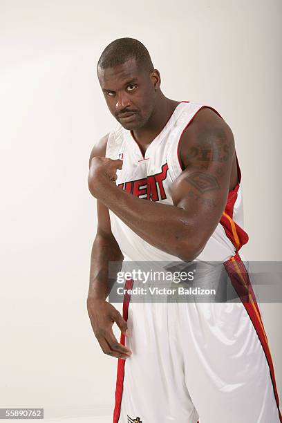 Shaquille O'Neal of the Miami Heat poses for a portrait during NBA Media Day on October 3, 2005 in Miami, Florida. NOTE TO USER: User expressly...