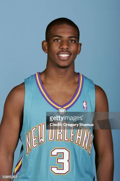 Chris Paul of the New Orleans/Oklahoma City Hornets poses for a portrait during NBA Media day at Ford Center on October 3, 2005 in Oklahoma City,...