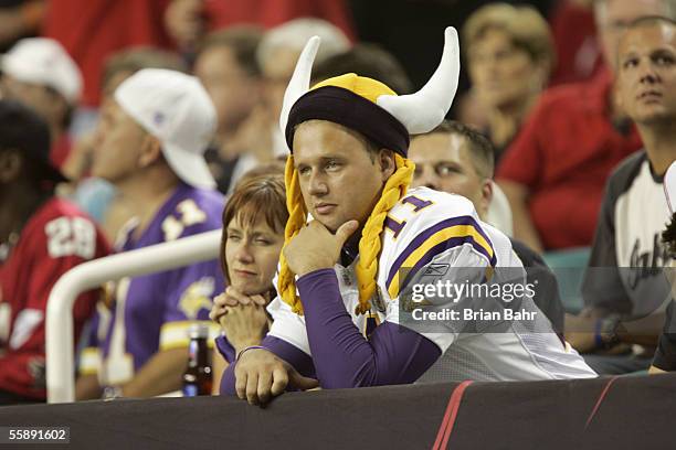 Minnesota Vikings fan suffers through a losing battle against the Atlanta Falcons on October 2, 2005 at the Georgia Dome in Atlanta, Georgia. The...