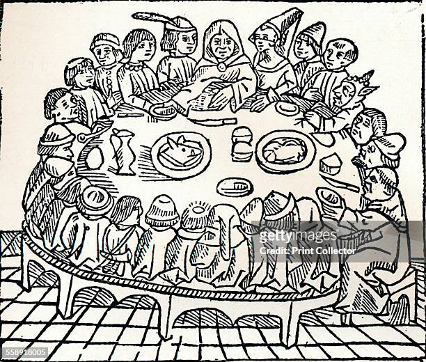 'The Canterbury Pilgrims sitting down for a shared meal', 1485. Image taken from Geoffrey Chaucer's Canterbury Tales. From The Connoisseur Volume...
