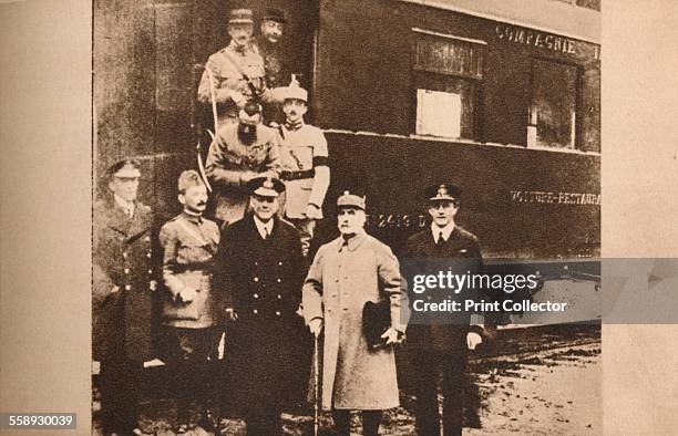 Signing of the Armistice to end the First World War, 11 November 1918 . French Military and British Naval representatives outside the railway...