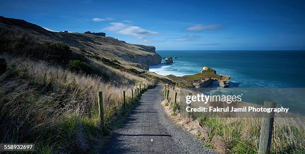 long exposure of tunnel beach, dunedin - dunedin nz stock pictures, royalty-free photos & images