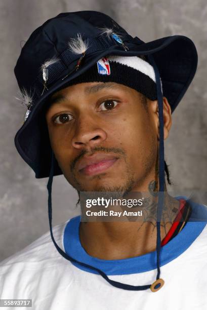 Allen Iverson of the Philadelphia 76ers wears a fishing hat as he poses for a portrait on October 3, 2005 at the Wachovia Center in Philadelphia,...