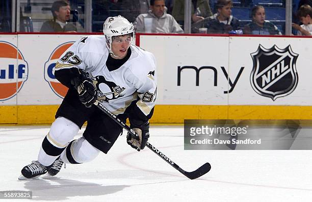 Sidney Crosby of the Pittsburgh Penguins skates against the Buffalo Sabres during their NHL game on October 10, 2005 at the HSBC Arena in Buffalo,...