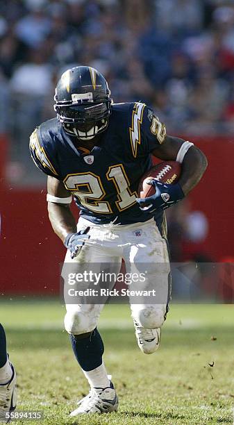 Running back LaDainian Tomlinson of the San Diego Chargers rusghes against the New England Patriots on October 2, 2005 at Gillette Stadium in...