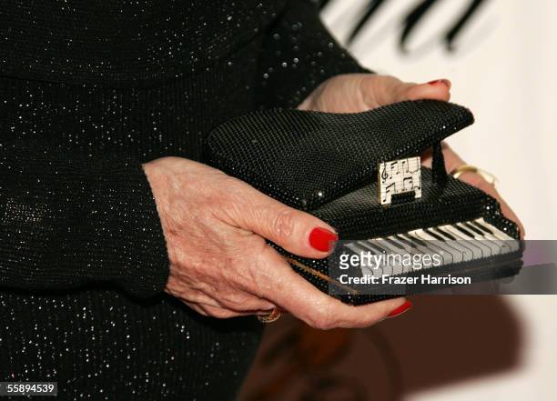 Close-up of actress Carol Connors's purse as she arrives at the Society of Singers 14th Annual Ella Award honoring Sir Elton John at the Beverly...