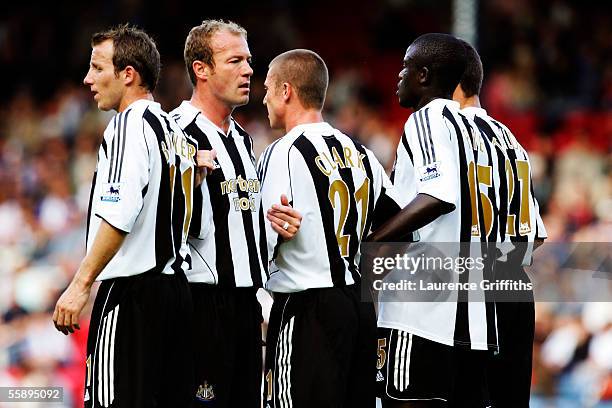 Alan Shearer organises the Newcastle United defensive wall during the Barclays Premiership match between Blackburn Rovers and Newcastle United on...