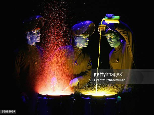 The Blue Man Group performs during their debut show at the Venetian Resort Hotel and Casino October 10, 2005 in Las Vegas, Nevada.