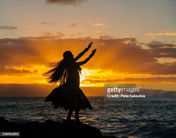 silhouetted young woman in traditional costume, hula dancing on coastal rock at sunset, maui, hawaii, usa - フラダンサー ストックフォトと画像