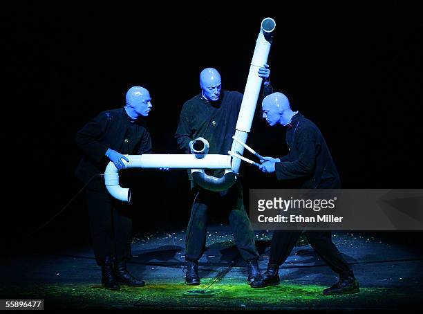 The Blue Man Group performs during their debut show at the Venetian Resort Hotel and Casino October 10, 2005 in Las Vegas, Nevada.