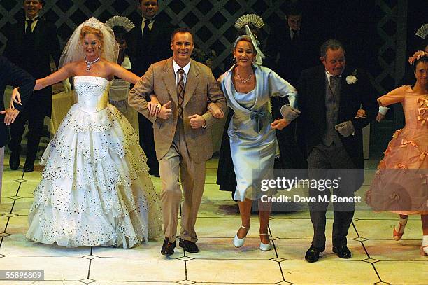 Graham Bickley, Katherine Kingsley and Jerry Hall perform at the curtain call for the West End transfer and press night for "High Society" at the...