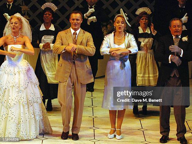 Graham Bickley, Katherine Kingsley and Jerry Hall perform at the curtain call for the West End transfer and press night for "High Society" at the...