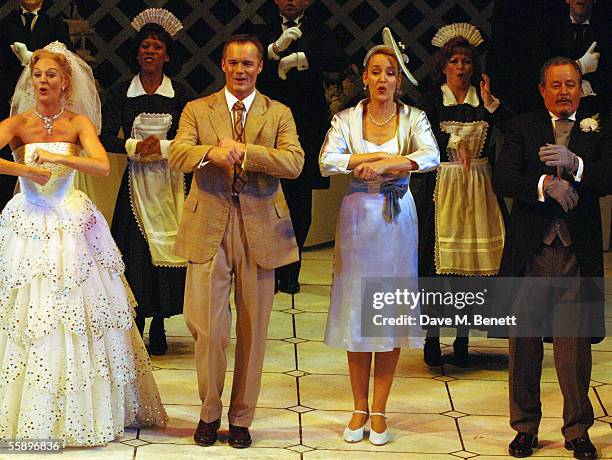 Graham Bickley, Katherine Kingsley and Jerry Hall perform at the curtain call for the West End transfer and press night for "High Society" at the...