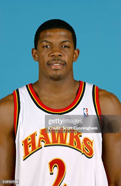 Joe Johnson of the Atlanta Hawks poses during the the Atlanta Hawks media day on October 3, 2005 at Philips Arena in Atlanta, Georgia. NOTE TO USER:...