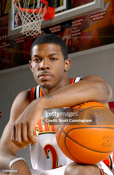 Joe Johnson of the Atlanta Hawks poses during the the Atlanta Hawks media day on October 3, 2005 at Philips Arena in Atlanta, Georgia. NOTE TO USER:...