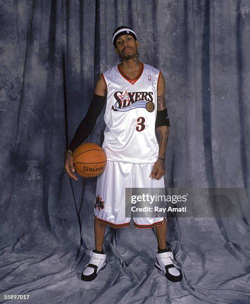 Allen Iverson of the Philadelphia 76ers poses for a portrait during the Philadelphia 76ers Media Day at American West Arena in Philadelphia,...