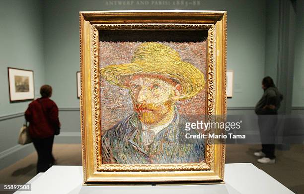 Vincent Van Gogh's painting "Self Portrait with a Straw Hat" is displayed at the exhibit "Vincent Van Gogh: The Drawings" during a press previewat...
