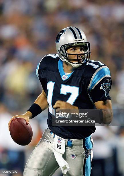 Jake Delhomme of the Carolina Panthers drops back to pass during the game with the Green Bay Packers on October 3, 2005 at Bank of America Stadium in...