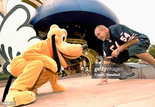 In this handout photo Chicago Bears linebacker Brian Urlacher takes time out to line up with Pluto October 11, 2005 at the Disney-MGM Studios in Lake...