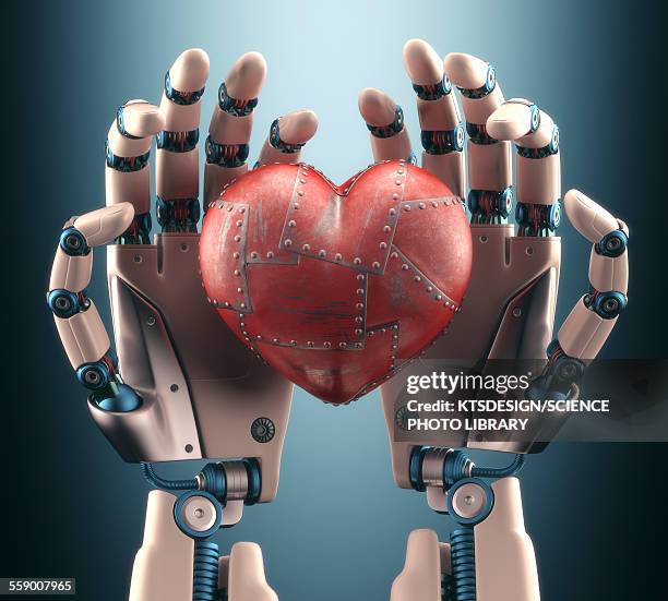 robotic hands holding heart, illustration - robotic heart stock-grafiken, -clipart, -cartoons und -symbole