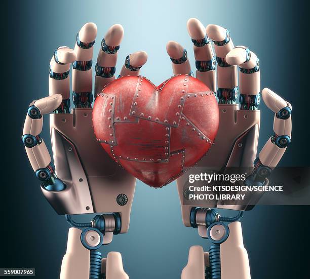 robotic hands holding heart, illustration - love emotion stock illustrations