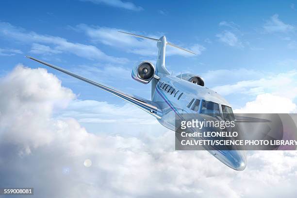 ilustraciones, imágenes clip art, dibujos animados e iconos de stock de private jet in the clouds, illustration - avión privado
