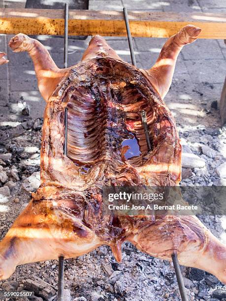 suckling pig cooked in the heat of the coals - lechon fotografías e imágenes de stock