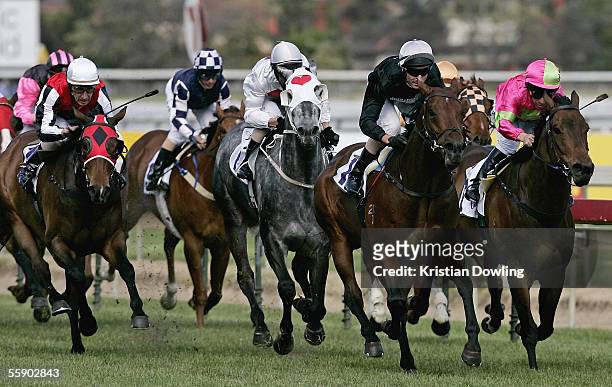Glen Boss riding Eltonjon wins the Evan Evans Cup during the Vinery Stud Thousand Guineas race day at Caulfield Racecourse October 12, 2005 in...
