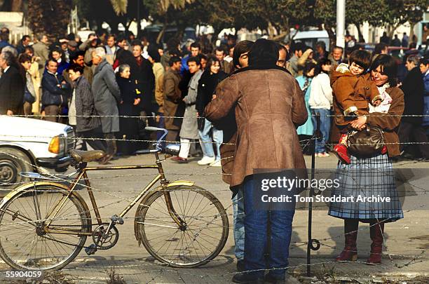 Barbed wire surrounds Durres Port to stop a mass exodus of Albanians trying to get, illegally, to Italy.