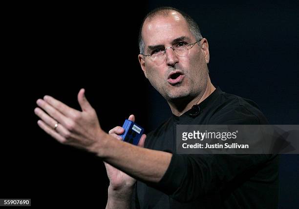 Apple CEO Steve Jobs delivers a keynote address October 12, 2005 in San Jose, California. Apple CEO Steve Jobs announced a new iPod that plays video,...