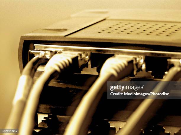various network connection cables plugged into network panel - tomada de ligação à rede imagens e fotografias de stock