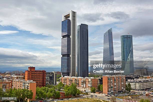 elevated view of cuatro torres business district - paseo de la castellana madrid fotografías e imágenes de stock