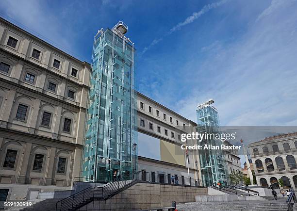 facade of musei nacional de arte reina - museo nacional centro de arte reina sofia stock pictures, royalty-free photos & images