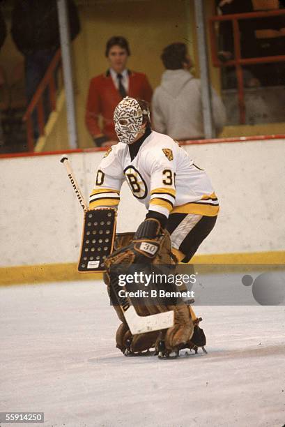 Canadian hockey player Gerry Cheevers, goalkeeper for the Boston Bruins, on the ice during a game at the Boston Garden, Boston, Massachussetts, 1970...