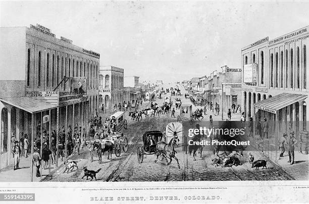 Engraved illustration depicts a view of traffic along, Blake Street, Denver, Colorado, 1866.