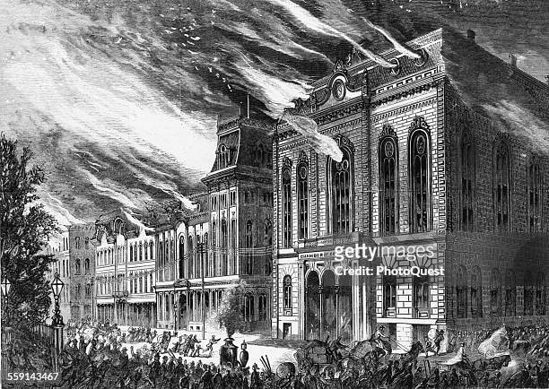 Engraving depicts the Chamber of Commerce in flames during the Great Fire, Chicago, Illinois, 1871.