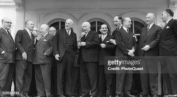Group portrait of international poiticians whose nations are North Atlantic Treaty Organization signators, Bonn, Germany, 1957. Pictured are, from...