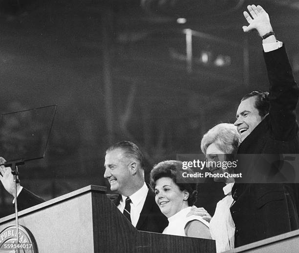 At the Republican National Convention, from left, Vice Presidential nominee Spiro T Agnew , his wife Judy , Pat Nixon , and her husband, Presidential...