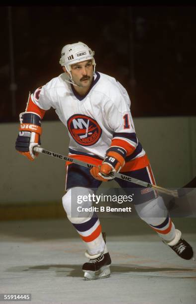 Bryan Trottier of the New York Islanders skates on the ice during an NHL game circa 1980's at the Nassau Coliseum in Uniondale, New York.