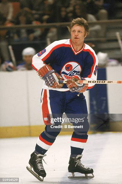 Canadian hockey player Bobby Hull of the Winnipeg Jets, sporting a bloodied lip, skates on the ice, Novermber 1979.