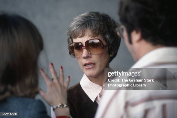 English actress Julie Andrews talking to film actress, and wife of Peter Sellers, Lynne Frederick circa 1978.