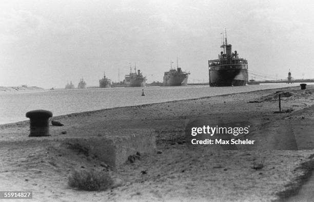 Convoy trapped on the Suez Canal near Cantara during the Suez Crisis, 24th December 1956. Original Publication : Picture Post - 8760 - Suez: The...