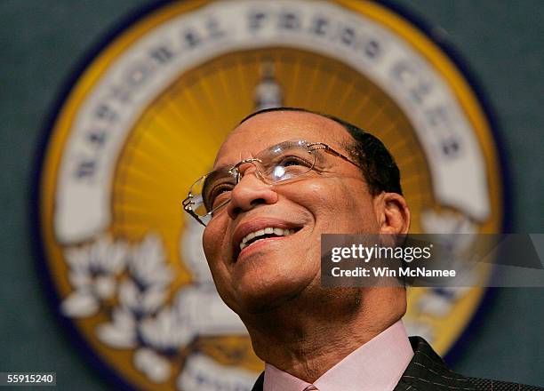 Louis Farrakhan, national representative to the Nation of Islam, answers a question during a press conference at the National Press Club October 13,...