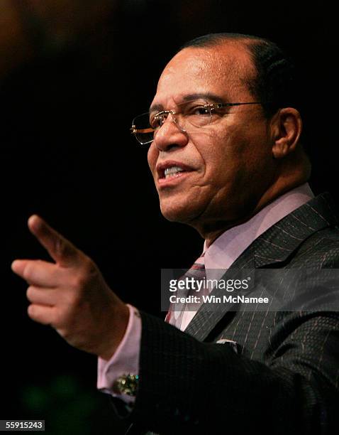 Louis Farrakhan, national representative to the Nation of Islam, answers a question during a press conference at the National Press Club October 13,...