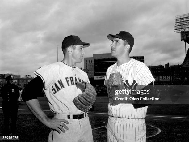 Thirdbasemen Jim Davenport, of the San Francisco Giants and Clete Boyer of the New York Yankees, pose for a portrait pior to Game 3 of the World...