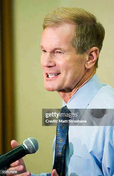 Senator Bill Nelson speaks during a press confernece after meeting with NASA officials at the Kennedy Space Center Visitor Complex October 13, 2005...