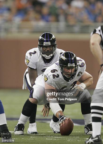Quarterback Anthony Wright of the Baltimore Ravens calls for the snap by Mike Flynn during the game against the Detroit Lions at Ford Field on...